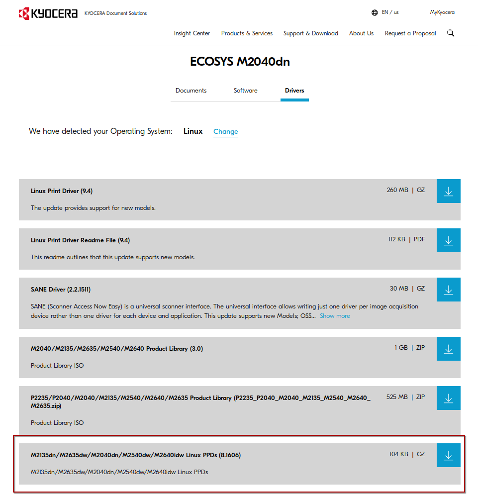 Скачивание драйвера Kyocera