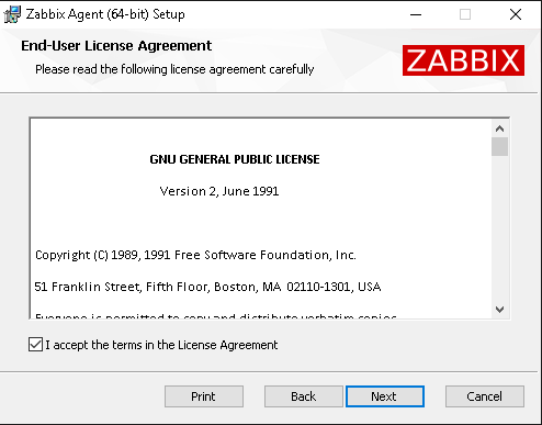 Лицензионное соглашение Zabbix Agent в Windows