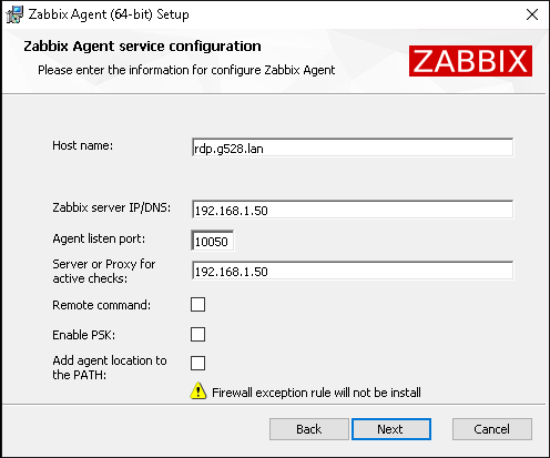 Параметры подключения Zabbix Agent к серверу