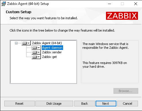 Выбор компонентов Zabbix Agent в Windows