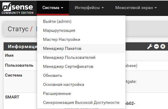 Менеджер пакетов в pfSense