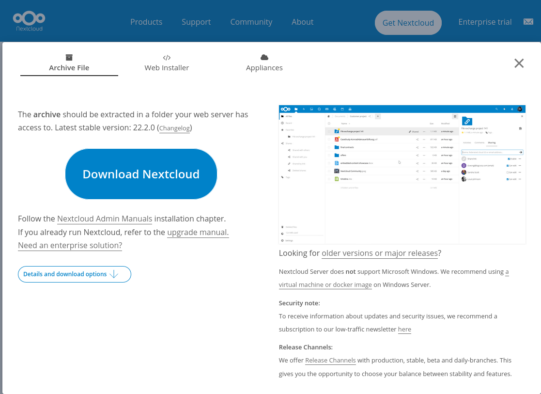 Скачивание архива дистрибутива Nextcloud