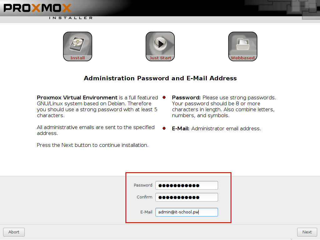 Ввод пароля и e-mail администратора Proxmox VE