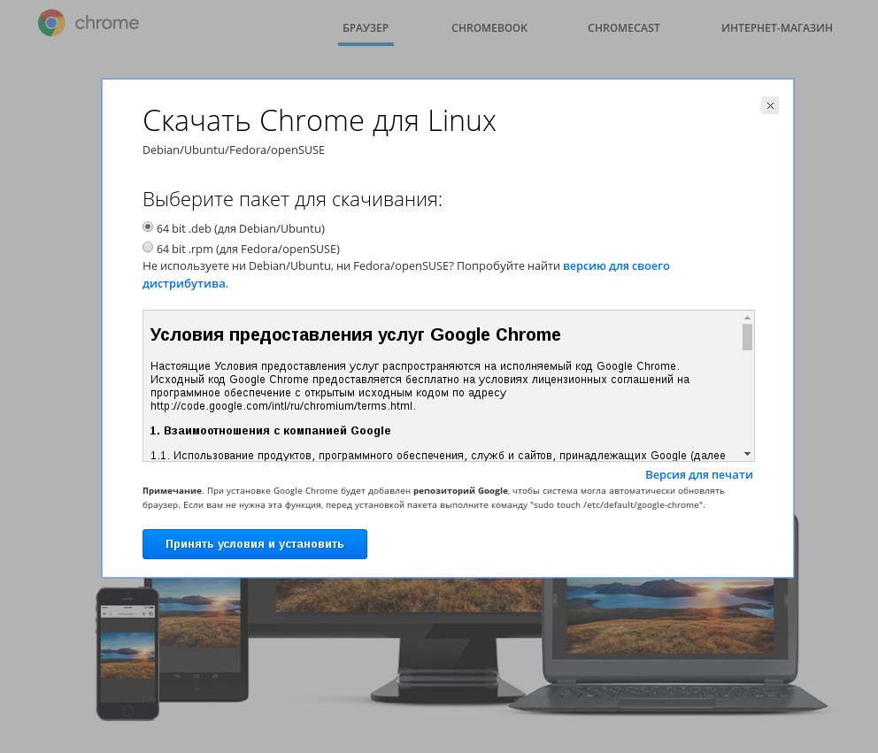Выбор DEB-пакета Google Chrome для скачивания