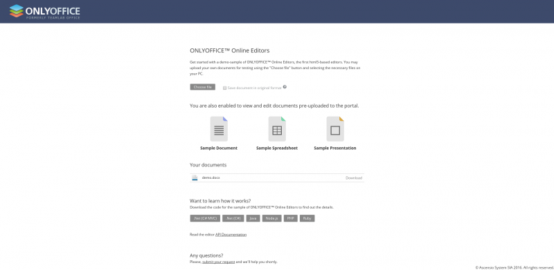 Главная страница приветствия OnlyOffice Document Server