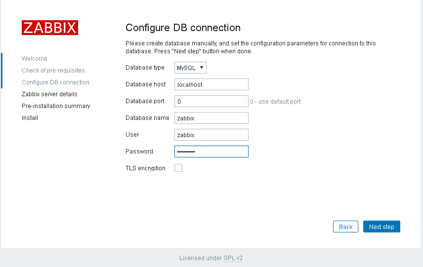 Параметры подключения к базе данных Zabbix