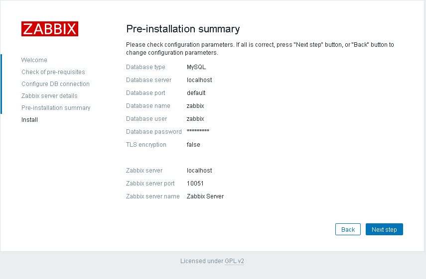 Проверка параметров установки Zabbix
